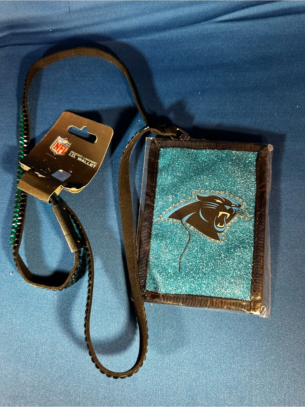 Carolina Panthers NFL Beaded Lanyard ID Wallet Glitter Rhinestone New w/ Tags